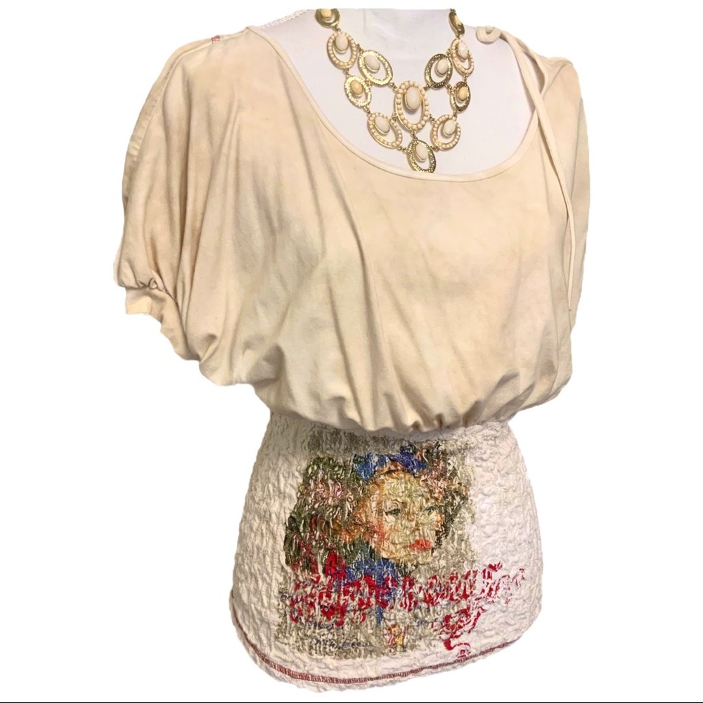 🆕 Retro Lady Cream Contrast Tie ShoulderTop NWT - Picture 2 of 11